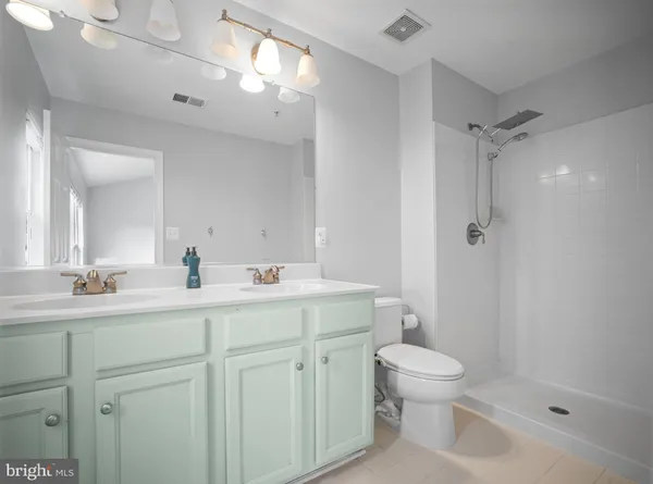 a bathroom with a toilet a sink a mirror a shower a vanity and window