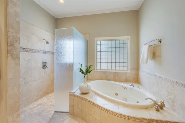 a bathroom with a bathtub and shower