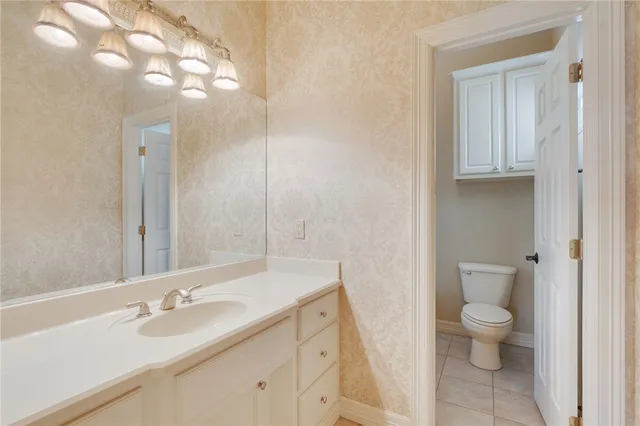 a bathroom with a sink a toilet and a large mirror