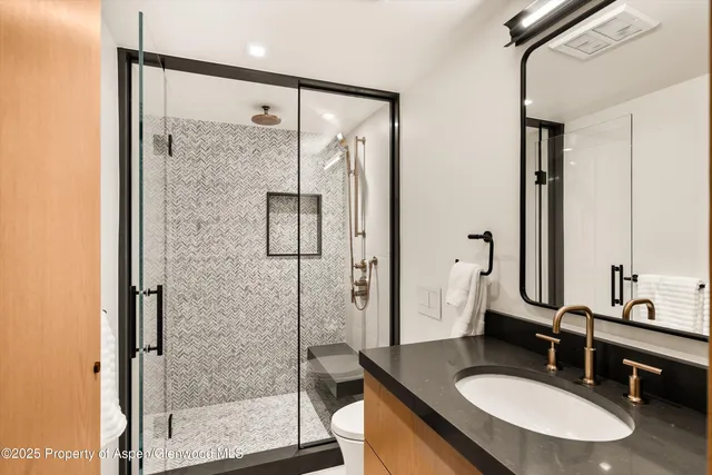 a bathroom with a granite countertop sink mirror and a shower