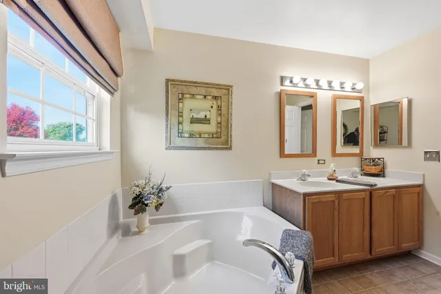 a bathroom with a tub sink and mirror