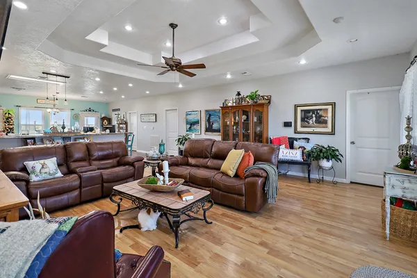 a living room with furniture a ceiling fan and a rug