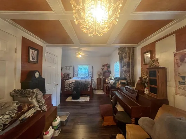a view of a room with a chandelier