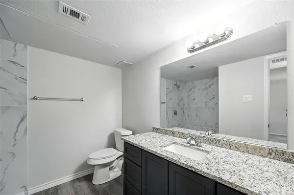 a bathroom with a granite countertop sink a toilet and a shower
