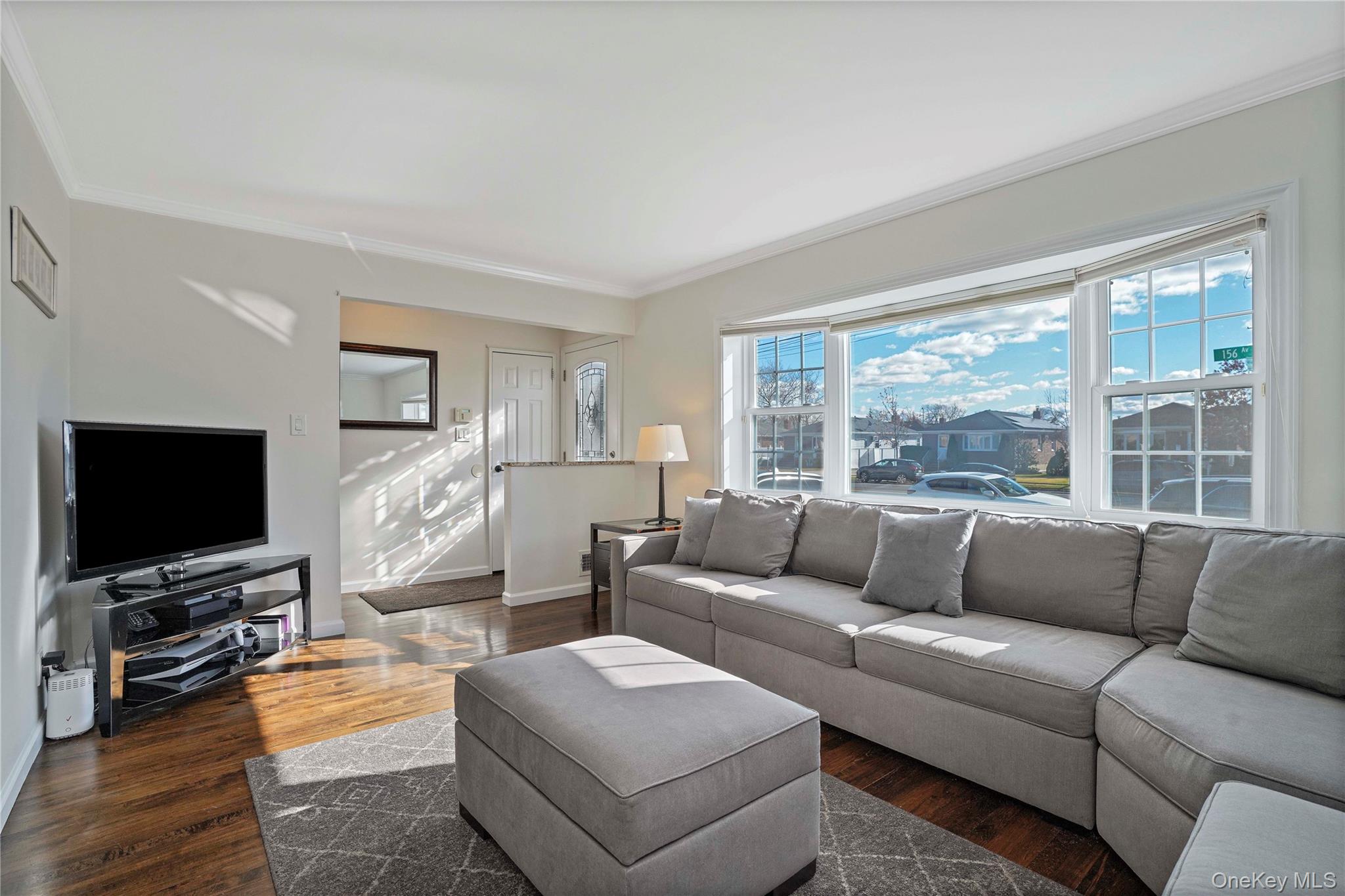 91-03 156th Avenue Queens, NY 11414 - Photo 7 of 50 Living area featuring crown molding, dark wood finished floors, and plenty of natural light