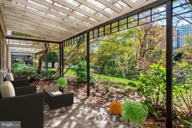 a garden view with a seating space