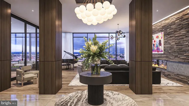 a view of a living room with a large window