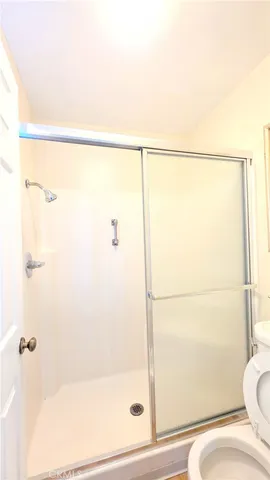 a bathroom with a shower and a toilet