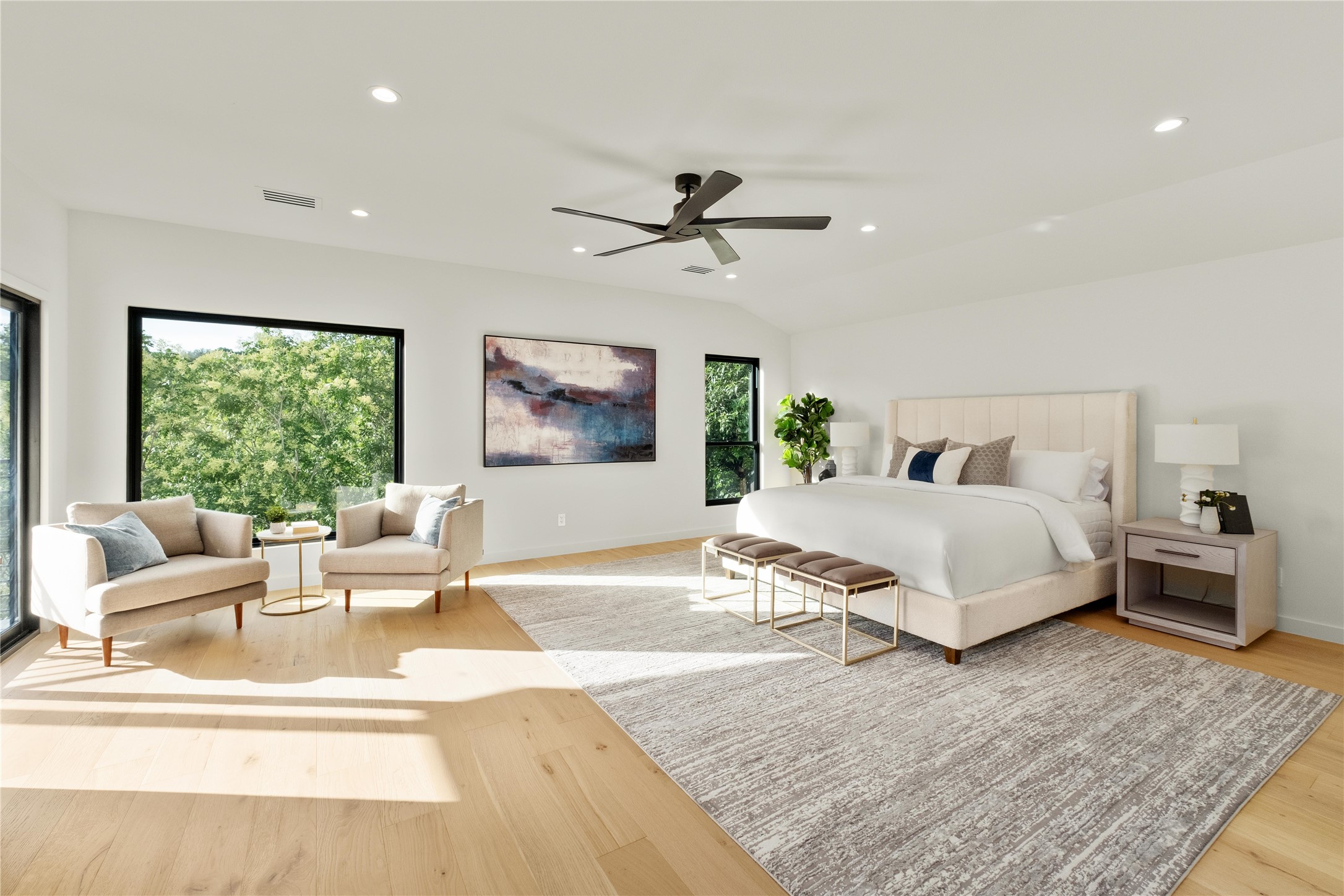 620 Bermuda Street Lakeway, TX 78734 - Photo 12 of 36 Bedroom with light wood finished floors, recessed lighting, a ceiling fan, baseboards, and lofted ceiling, sitting area