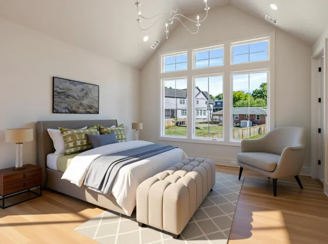 a spacious bedroom with a bed and a large window