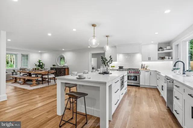 a large kitchen with lots of counter space and furniture