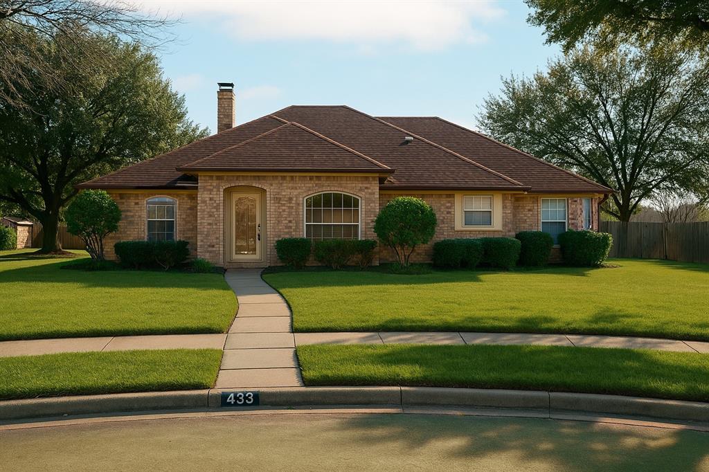 View of front of home featuring a chimney, a front yard, and fence