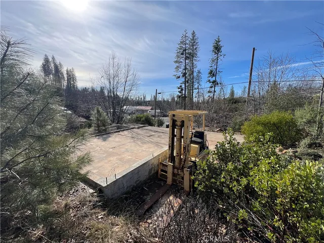 a view of a backyard with plants and a patio
