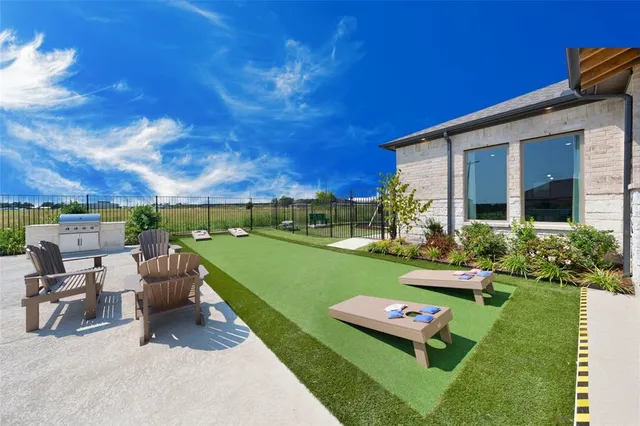 a garden view with a seating space