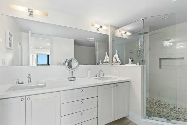 a bathroom with a double vanity sink mirror and shower
