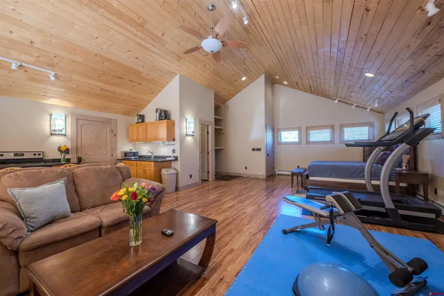a living room with furniture kitchen view and a potted plant