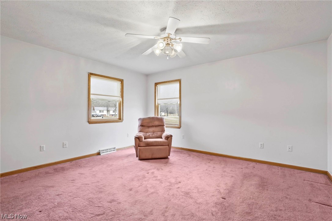411 Adario West Road Shiloh, OH 44878 - Photo 18 of 35 Unfurnished room featuring ceiling fan, a textured ceiling, and carpet