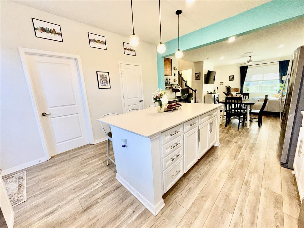 2208 Gopher Tortoise Terrace Oakland, FL 34787 - Photo 10 of 50 a large white kitchen with a stove a refrigerator a dining table and chairs with wooden floor