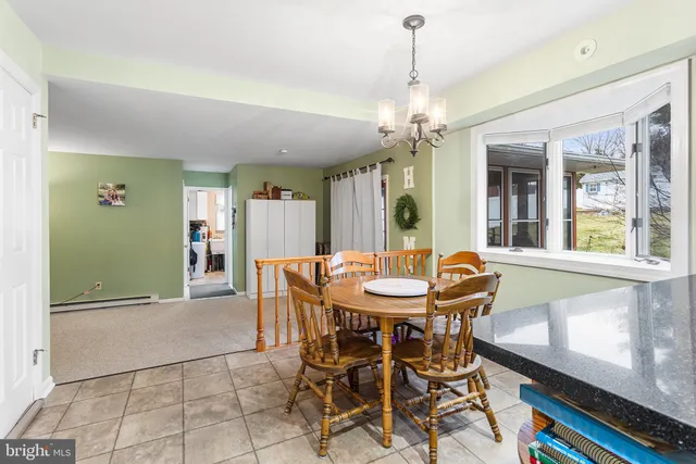 a dining room with furniture and window
