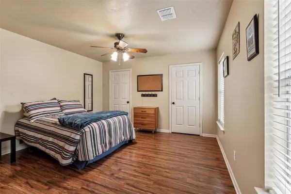 a bedroom with furniture and wooden floor