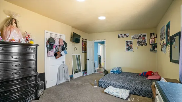 a bed room with a bed and a walk in closet