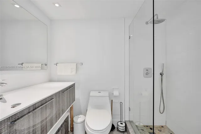 a bathroom with a shower and toilet