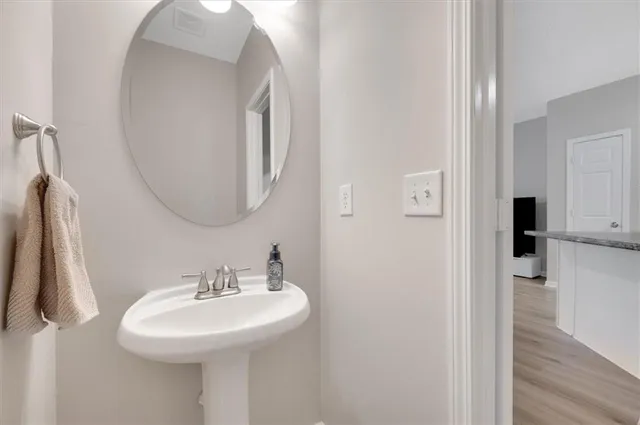 a bathroom with a sink and a mirror