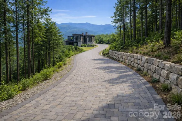 a view of a pathway with a garden