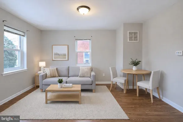 a living room with furniture and a potted plant