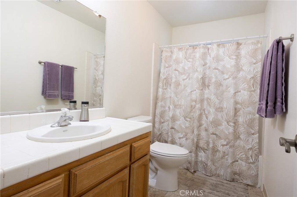 30142 Revis Road Coarsegold, CA 93614 - Photo 16 of 43 a bathroom with a sink a toilet and shower curtain