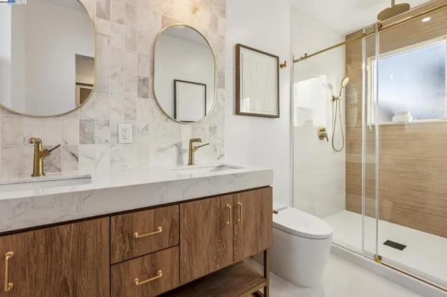 a bathroom with a shower and a toilet