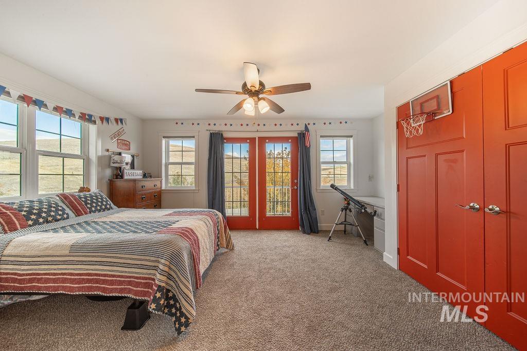 19809 Tammany Creek Road Lewiston, ID 83501 - Photo 26 of 50 Bedroom featuring access to outside, light colored carpet, ceiling fan, and a closet