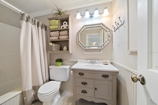 a bathroom with a shower curtain and a toilet