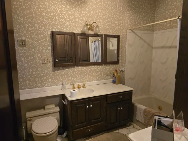 a bathroom with a toilet a sink and mirror
