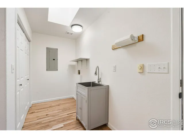 a view of a room with shelves