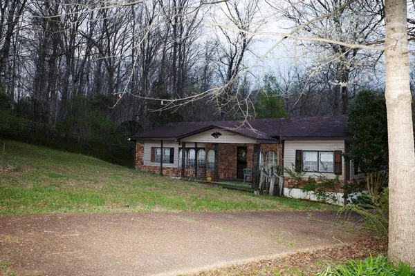 a view of a house with a yard and large trees
