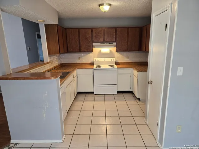 a kitchen with a sink a stove and cabinets