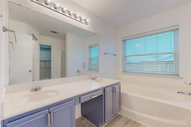 a bathroom with a tub a sink and a window