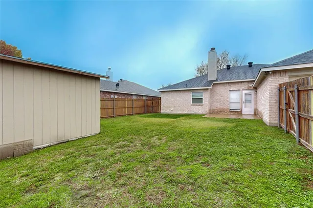 a view of a backyard with plants and large tree