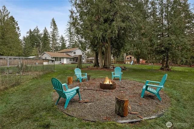 a view of a lake with a bench and trees around