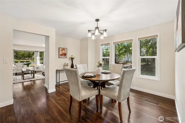 a view of a dining room with furniture window and wooden floor