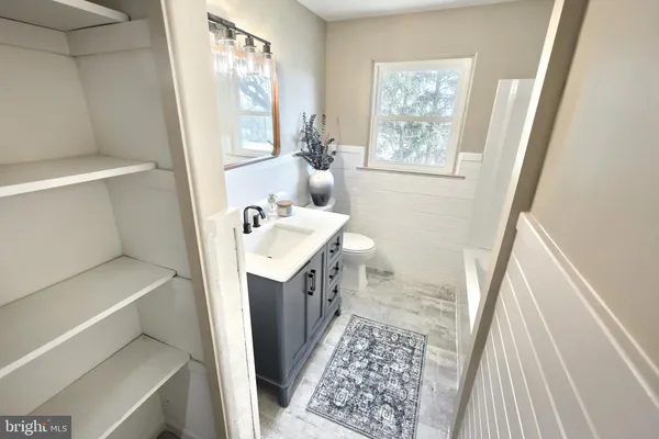 a bathroom with a bathtub sink vanity and mirror