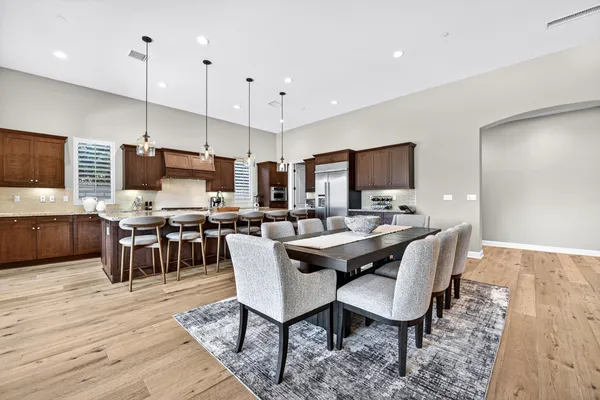 a view of a dining room with furniture