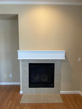 a room with a fireplace