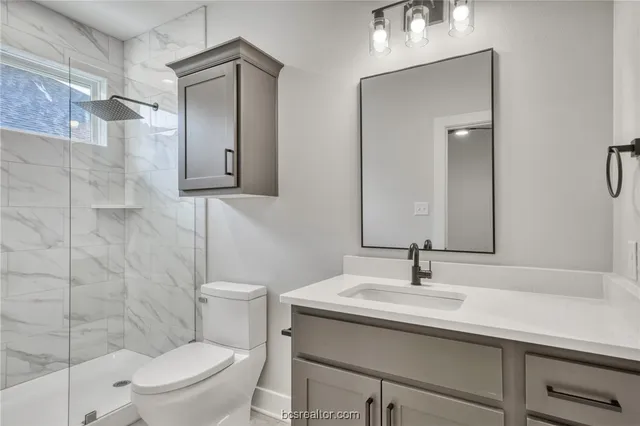 a bathroom with a sink a toilet and shower