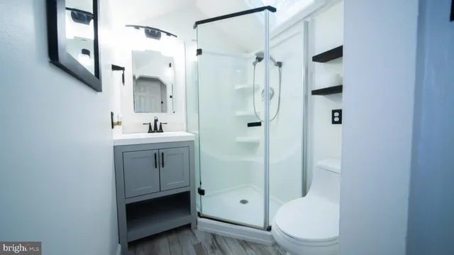 a bathroom with a sink a toilet and shower