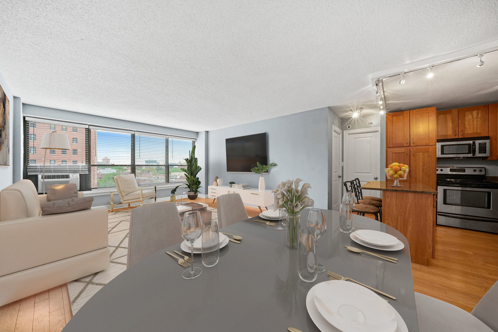 2930 North Sheridan Road, Unit 805 Chicago, IL 60657 - Photo 2 of 21 a living room with furniture a flat screen tv and a view of kitchen