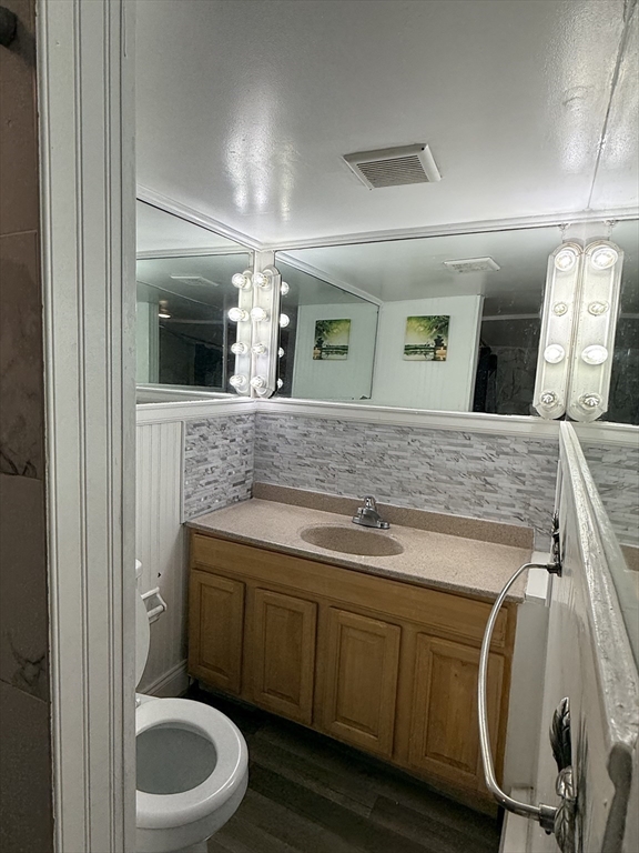 84 Thorndike Street, Unit B Cambridge, MA 02141 - Photo 5 of 8 a bathroom with a granite countertop toilet sink and mirror