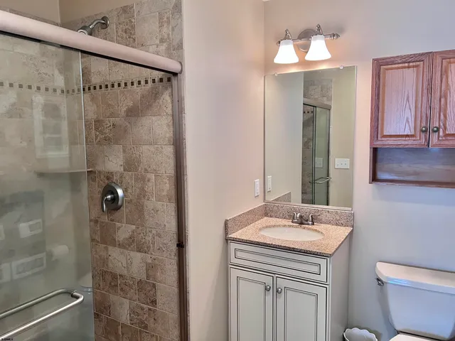 a bathroom with a granite countertop sink a toilet and shower