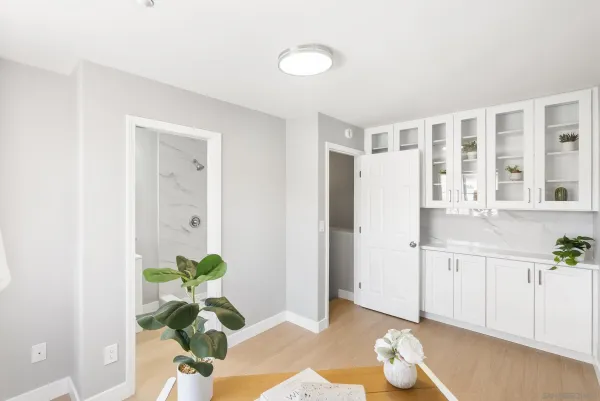 a white room with a sink a mirror and a potted plant